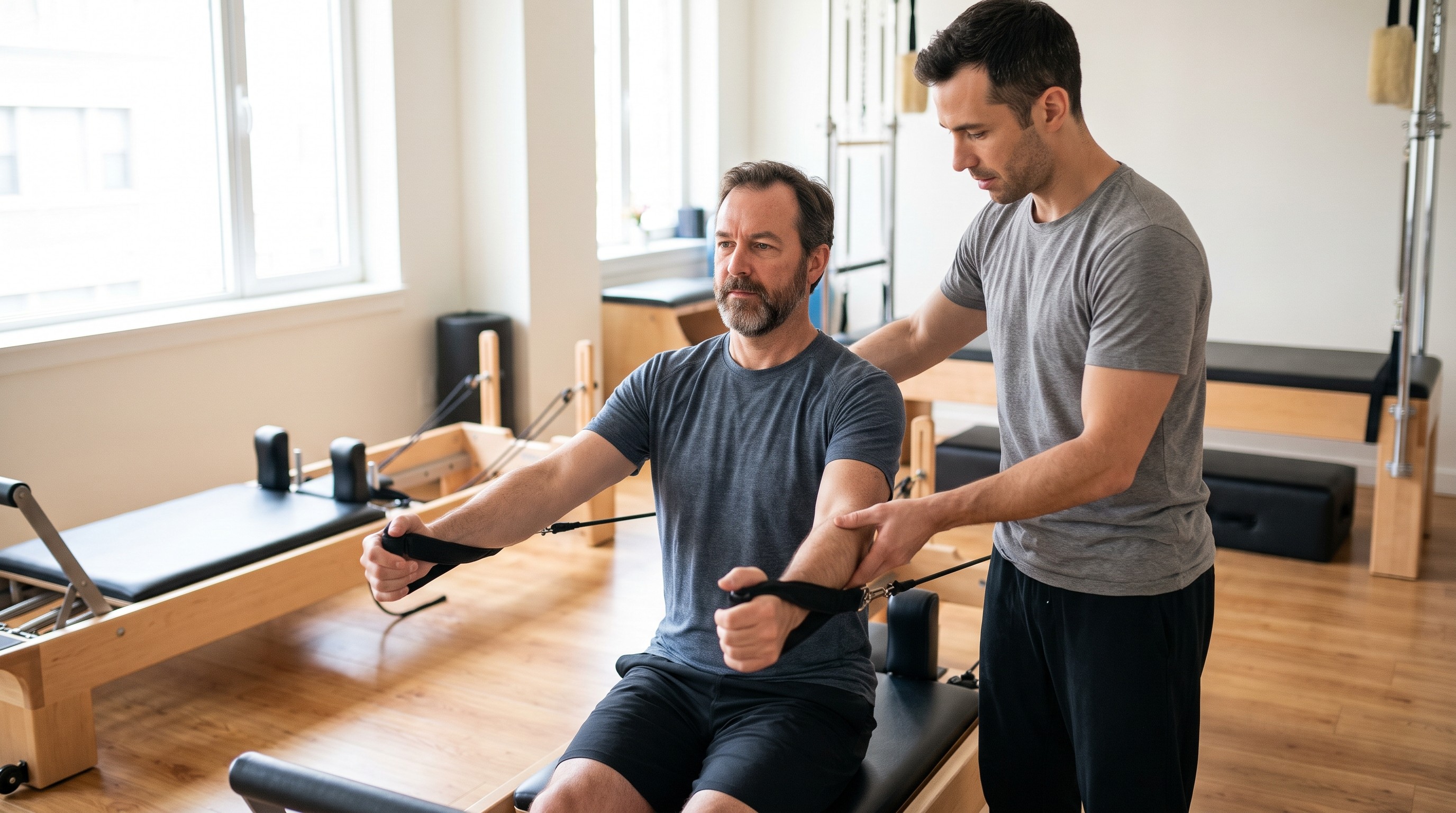 Istruttore Pilates certificato AIF corregge postura cliente adulto durante sessione su reformer