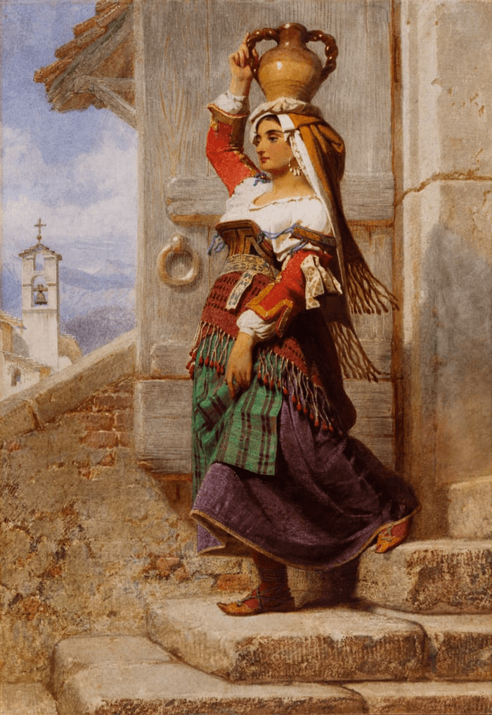 A woman in traditional dress carries a large basket on her head while standing on stone steps.