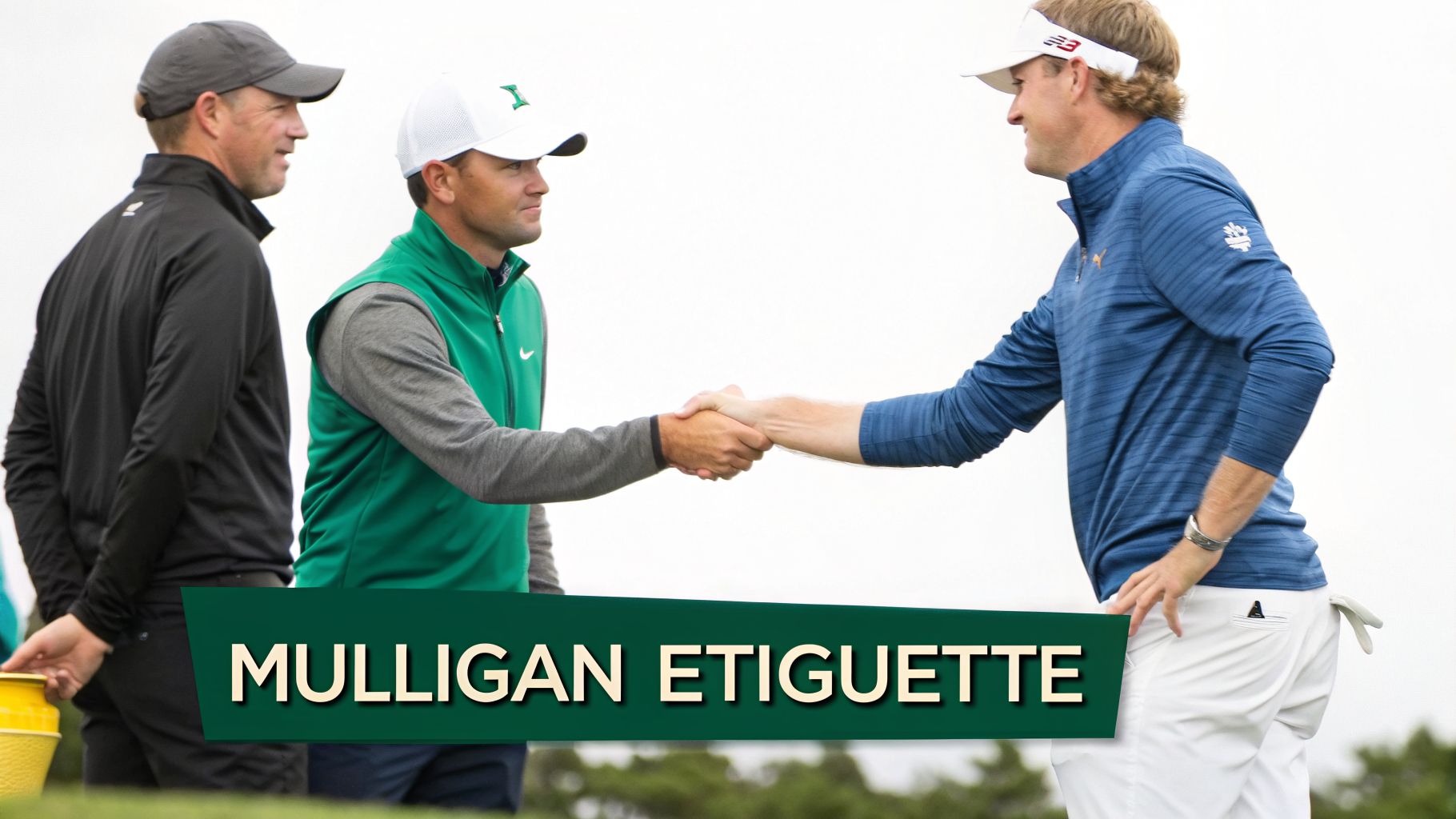 Two male golfers shake hands on a course, with a 'Mulligan Etiquette' text overlay.