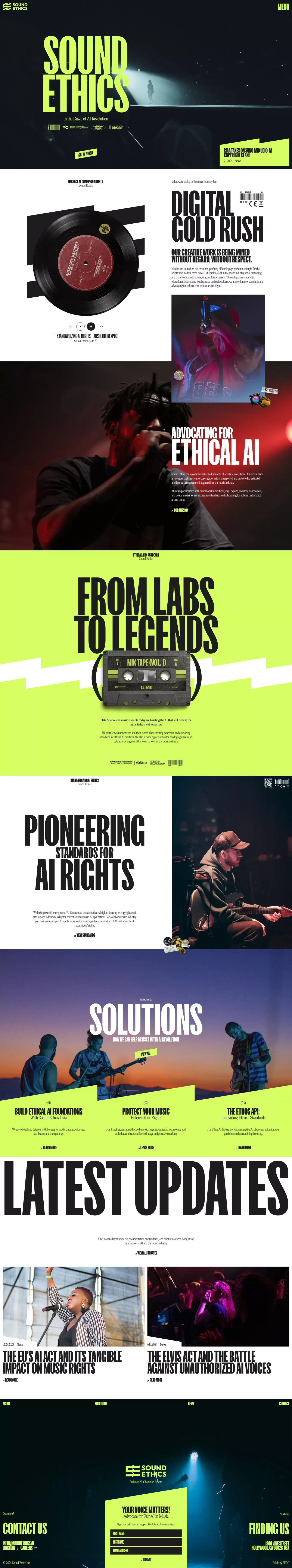 Sound Ethics landing page screenshot showcasing Music and AI design