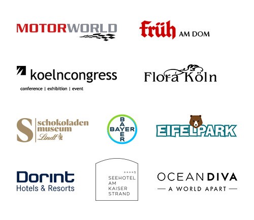 Logos von MotorWorld, Früh, koelncongress, flora köln, schokoladenmuseum, bayer, eifelparik, dorint, seehotel am kaiserstrand, ocean diva