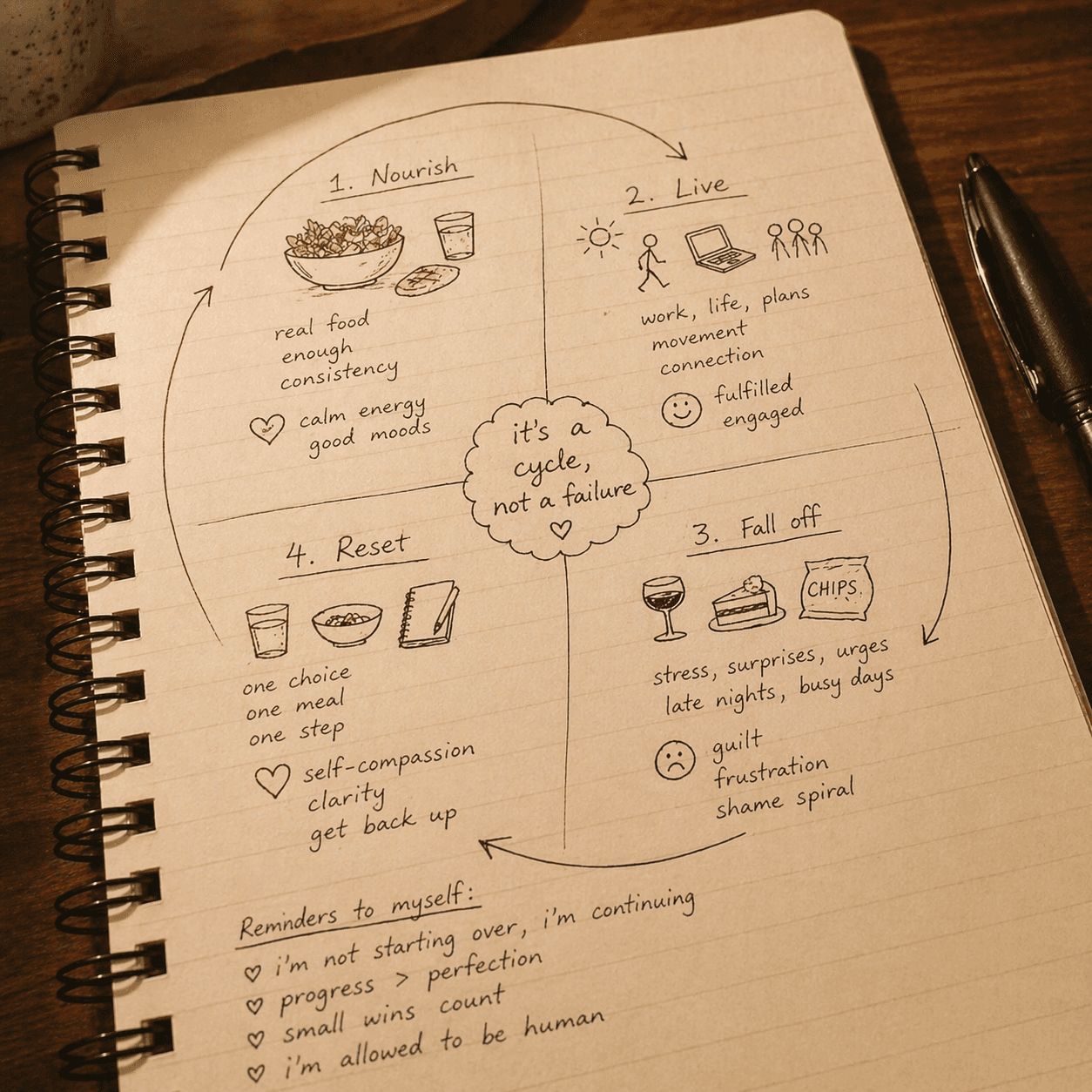 Hand-drawn menstrual cycle diagram in notebook — tracking hunger and appetite changes across cycle phases