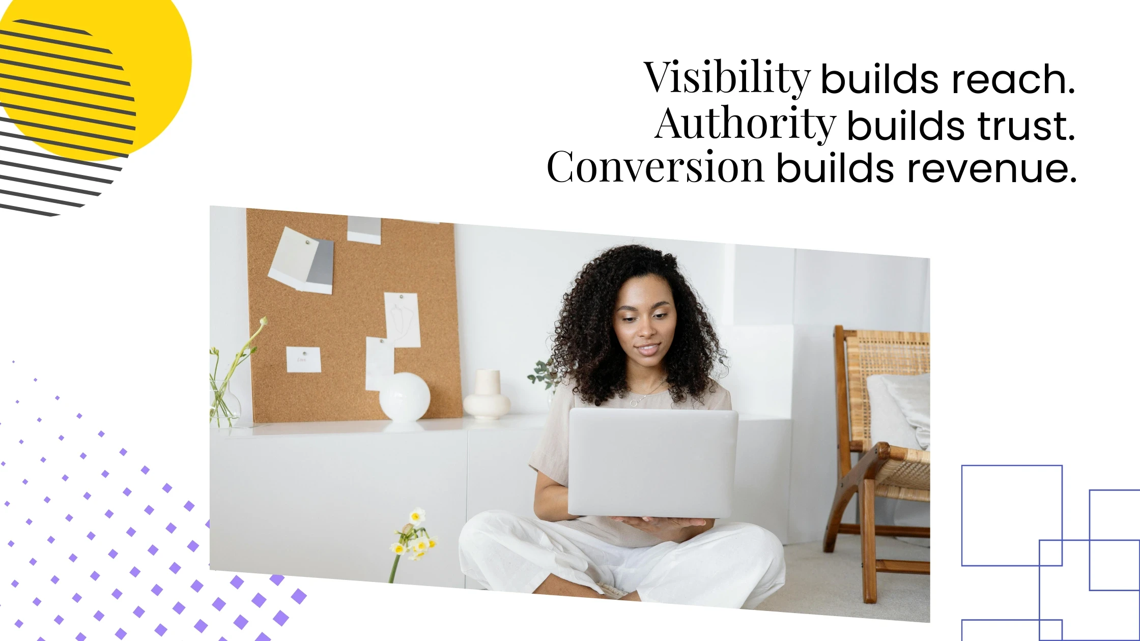 Coach working on a laptop while seated on the floor, with graphic elements and text about visibility, authority, and conversion.