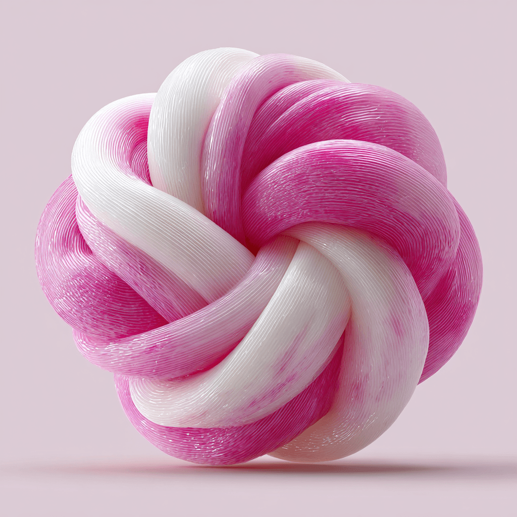 A 3D-rendered pink and white twisted knot sphere with smooth, glossy rope-like texture on a soft pastel background.
