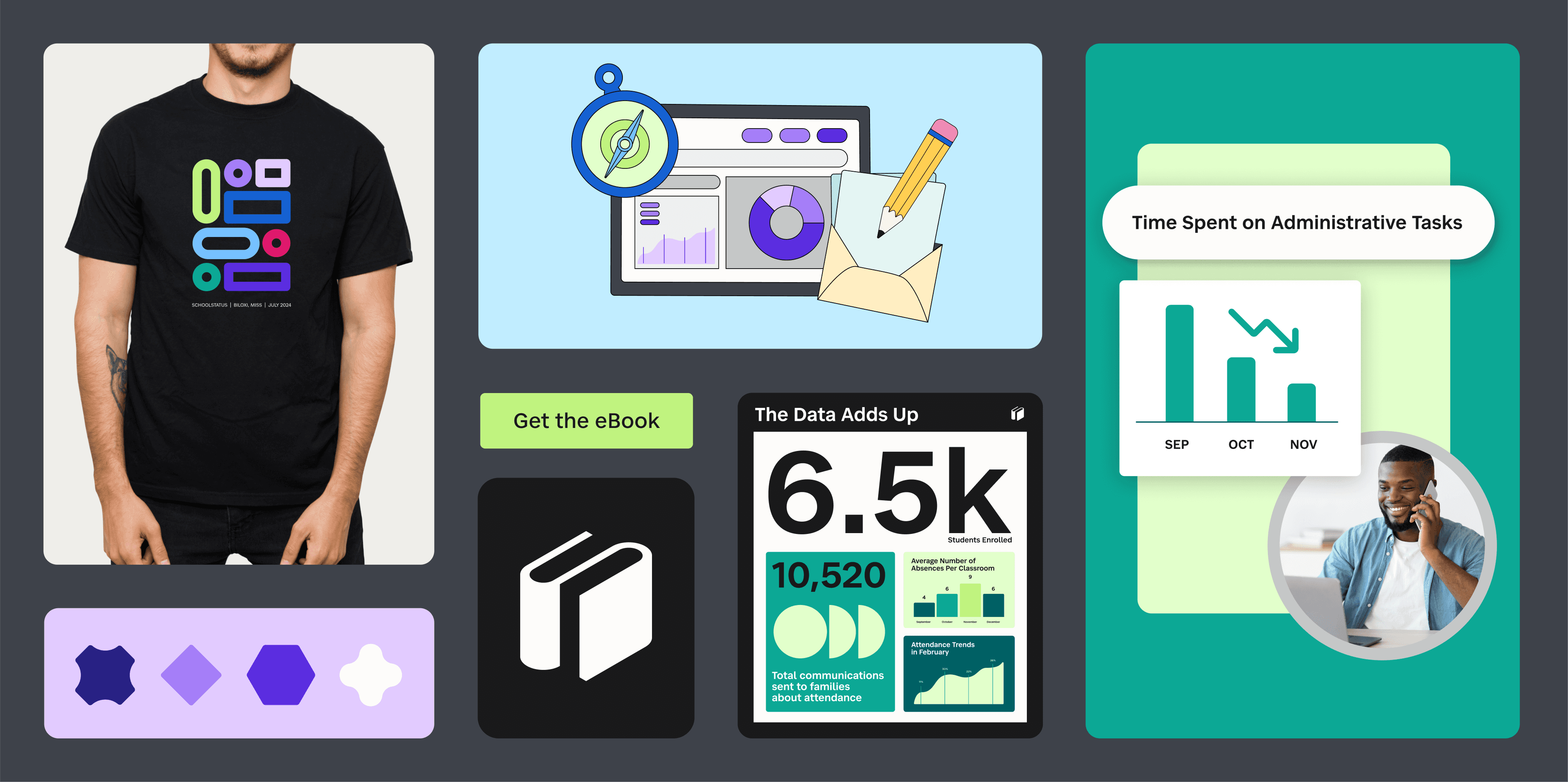 Overview bento box image of brand elements for SchoolStatus rebrand. Features include swag, illustration, data visualization, infographics, logo marque, and shape library.