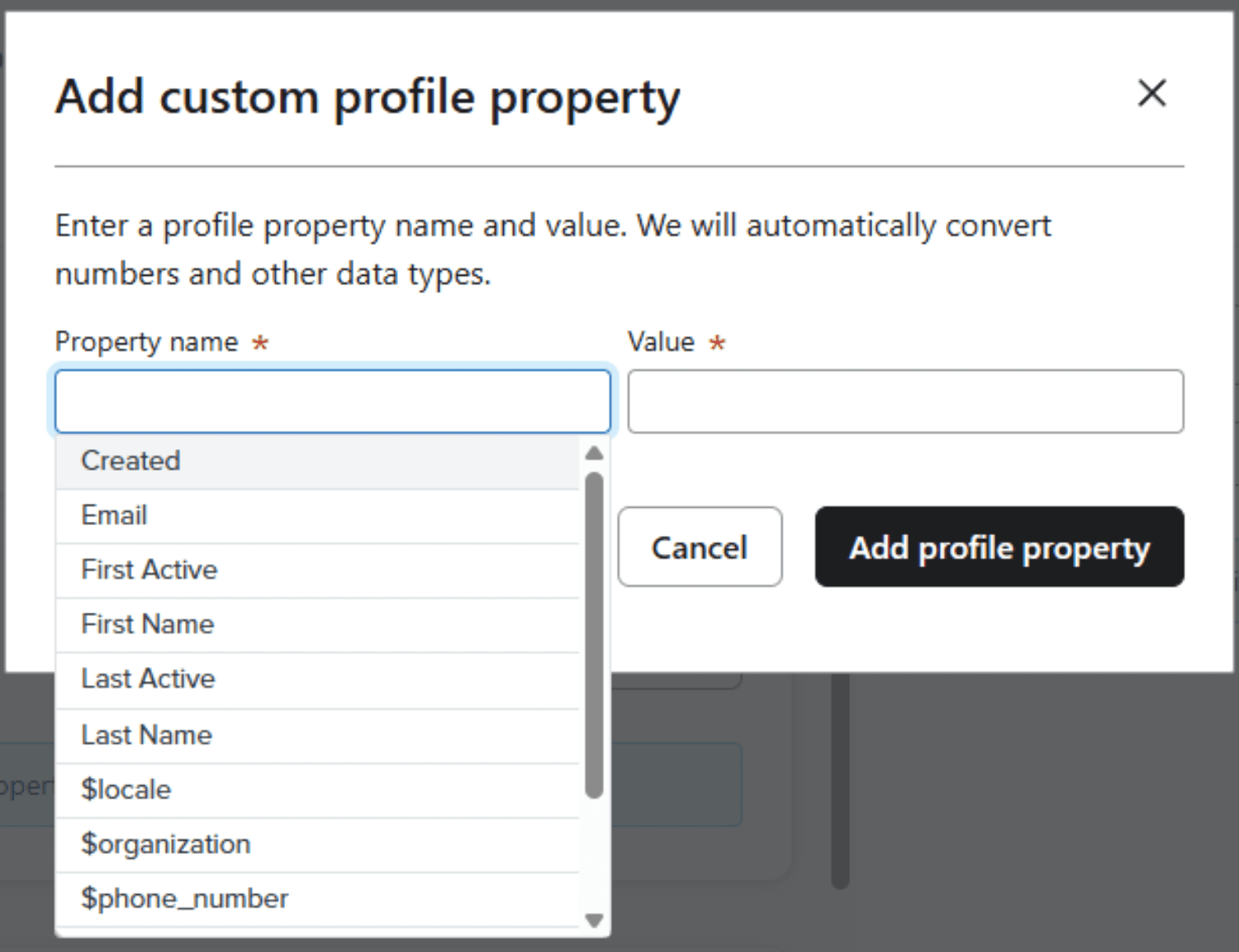 Manually via Profile Editing.png – A Klaviyo pop-up for adding a custom property to a customer’s profile manually.