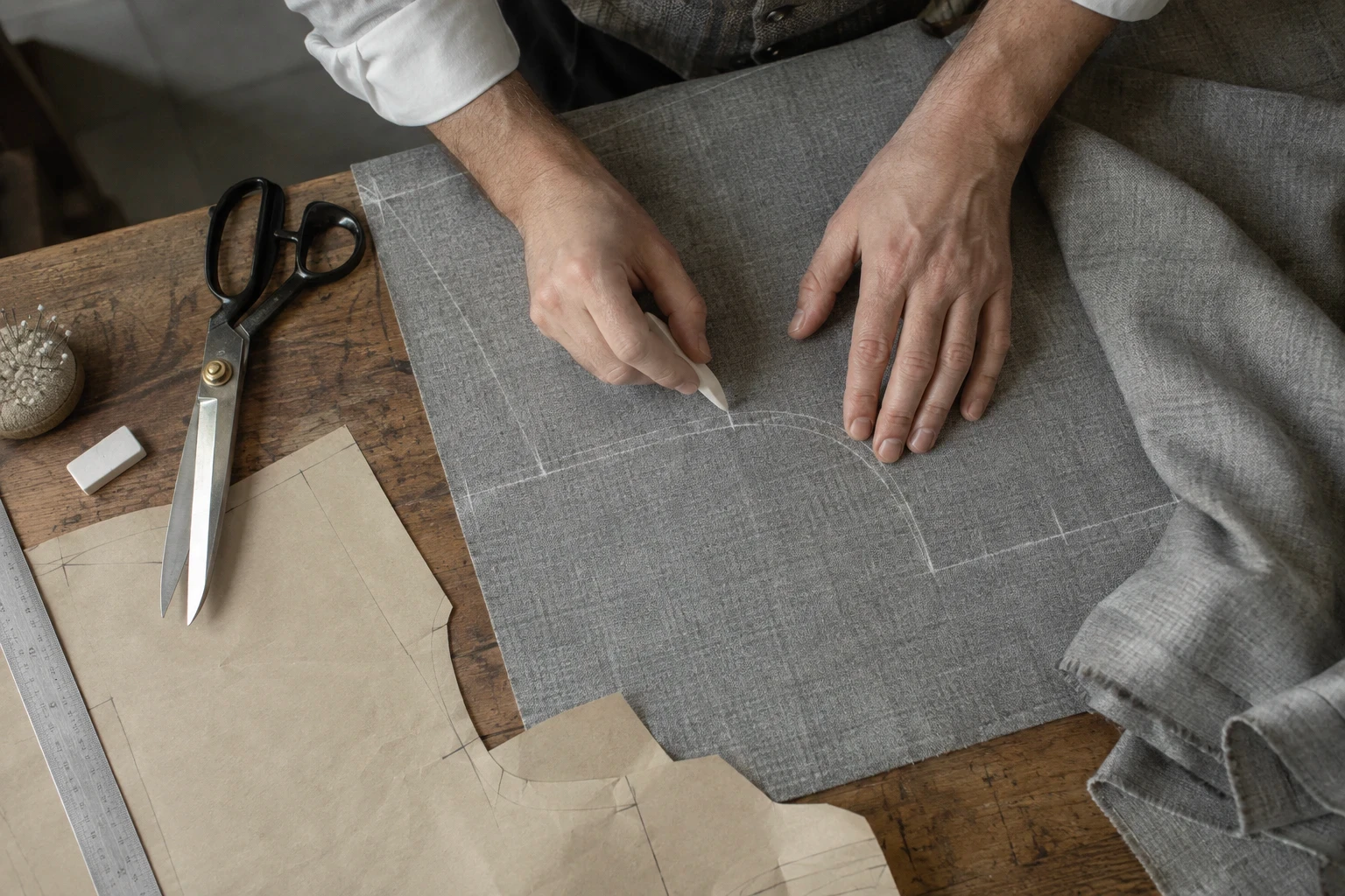Tailor marking grey wool with chalk on a cutting table