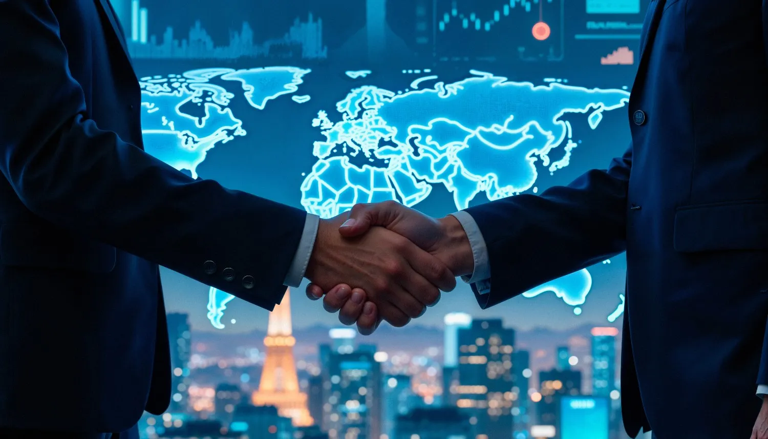 Business handshake in front of a digital world map