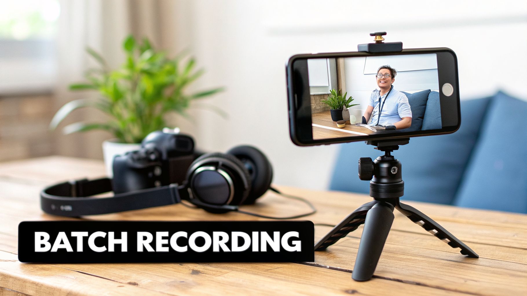 Smartphone on tripod recording a person on a screen, with a camera, headphones, and 'BATCH RECORDING' text on a table.
