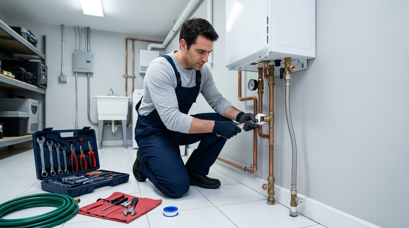 HVAC Tech Kneeling to fix water heater