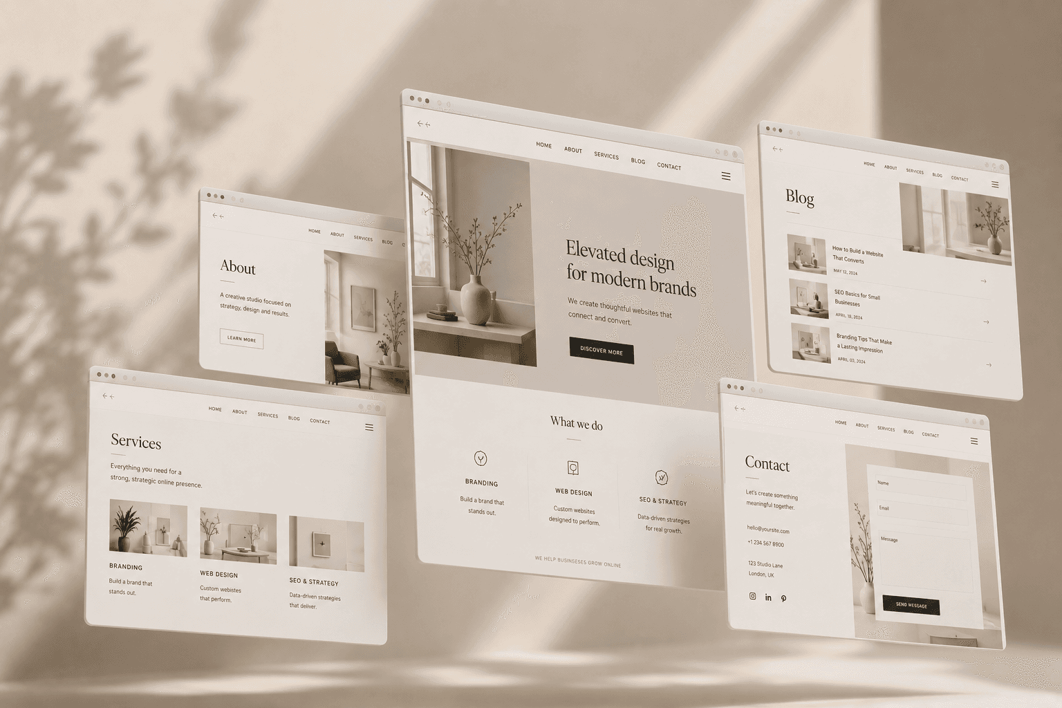 How many pages does a small business website need example showing essential website pages including home, about, services, blog and contact