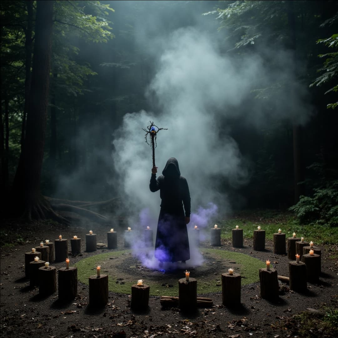 ein mann mit schwarzer robe im wald, er führt ein Ritual durch