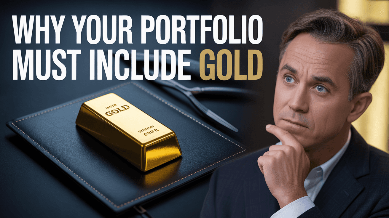 Gold bar glowing from a portfolio folder beside investor and Why Your Portfolio Must Include Gold text