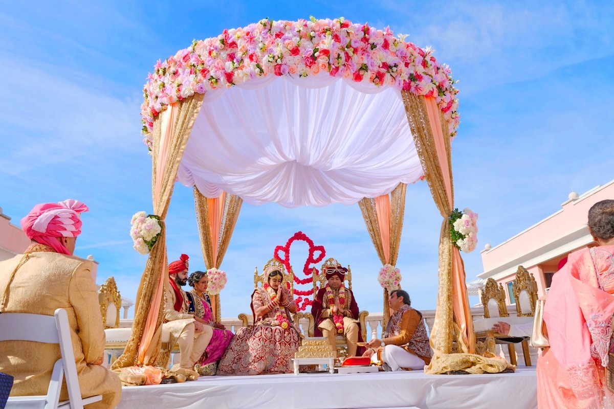 Indian wedding mandap with floral decor