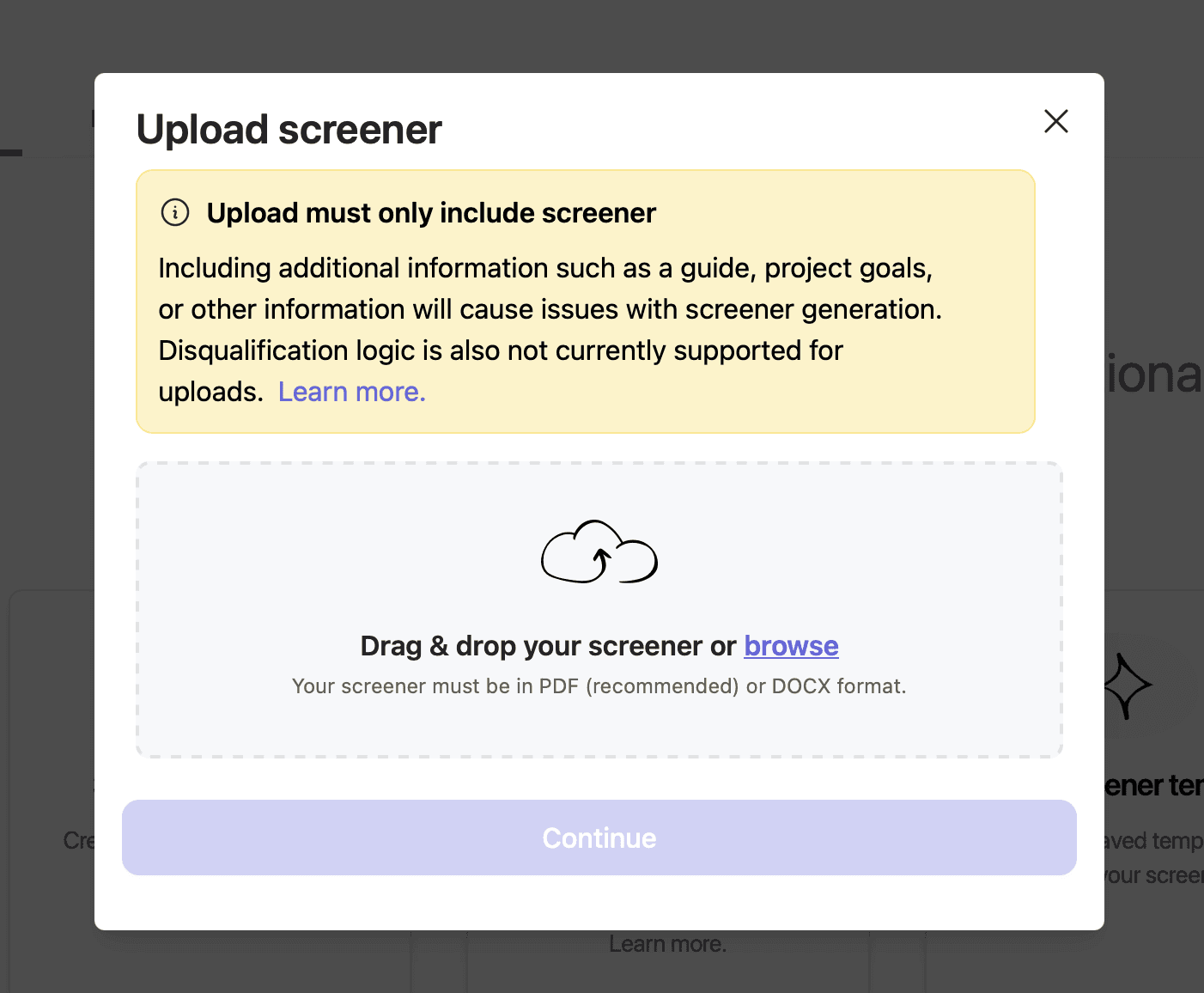 Modal for uploading a participant screener file in a user research study setup