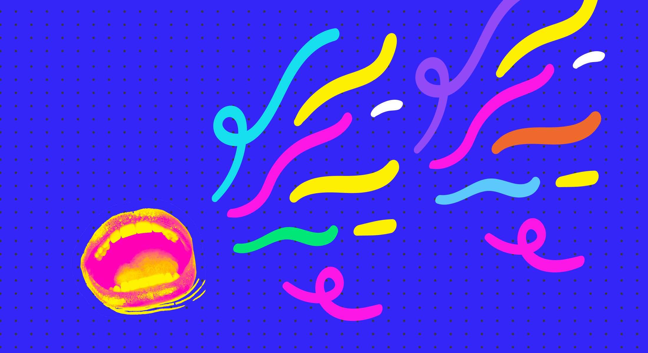 Blue dotted background with colorful flowing lines and an open speaking mouth representing workshop dialogue facilitation