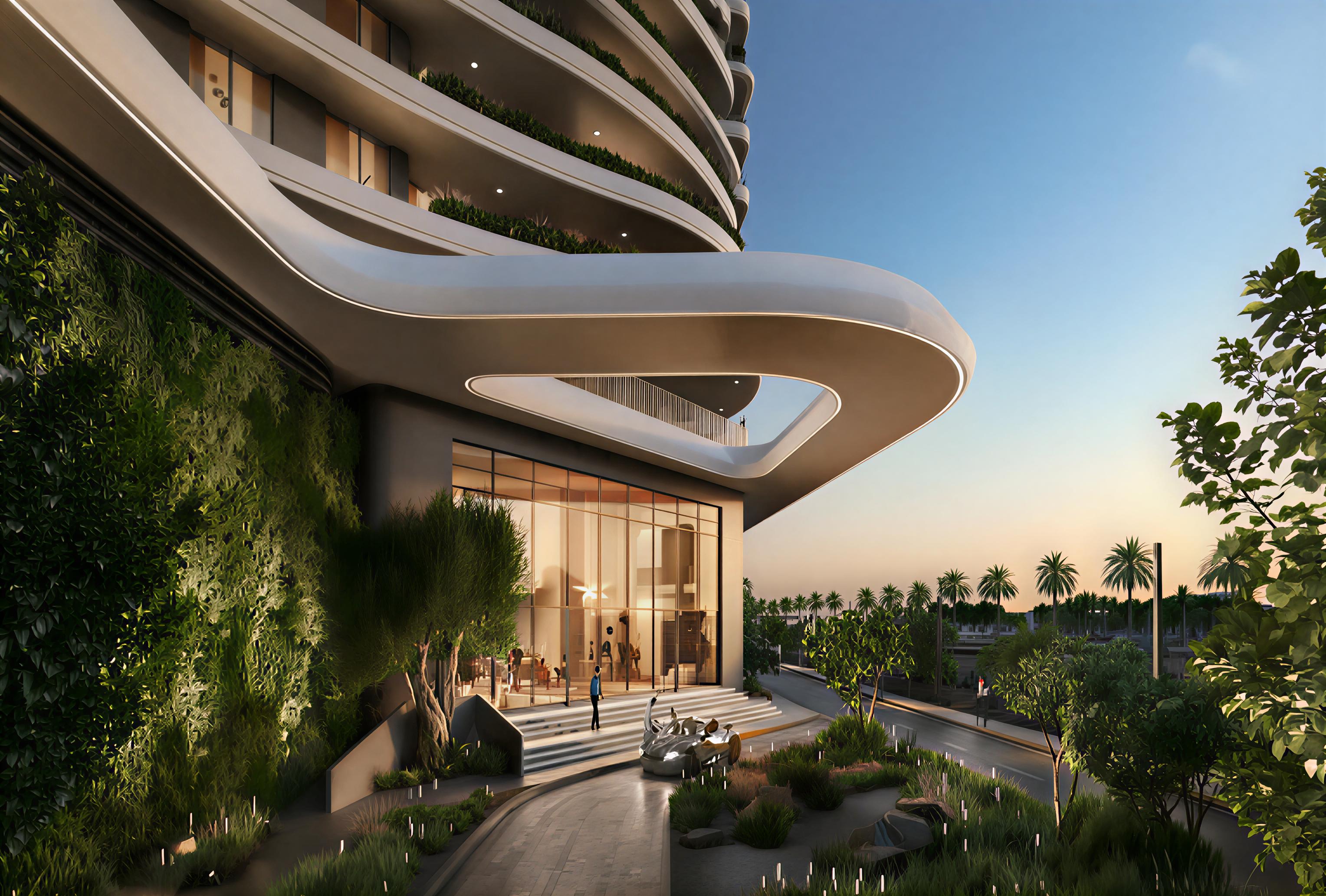 New apartment building at the beach in Sage, Dubai, featuring modern architecture and ocean views.