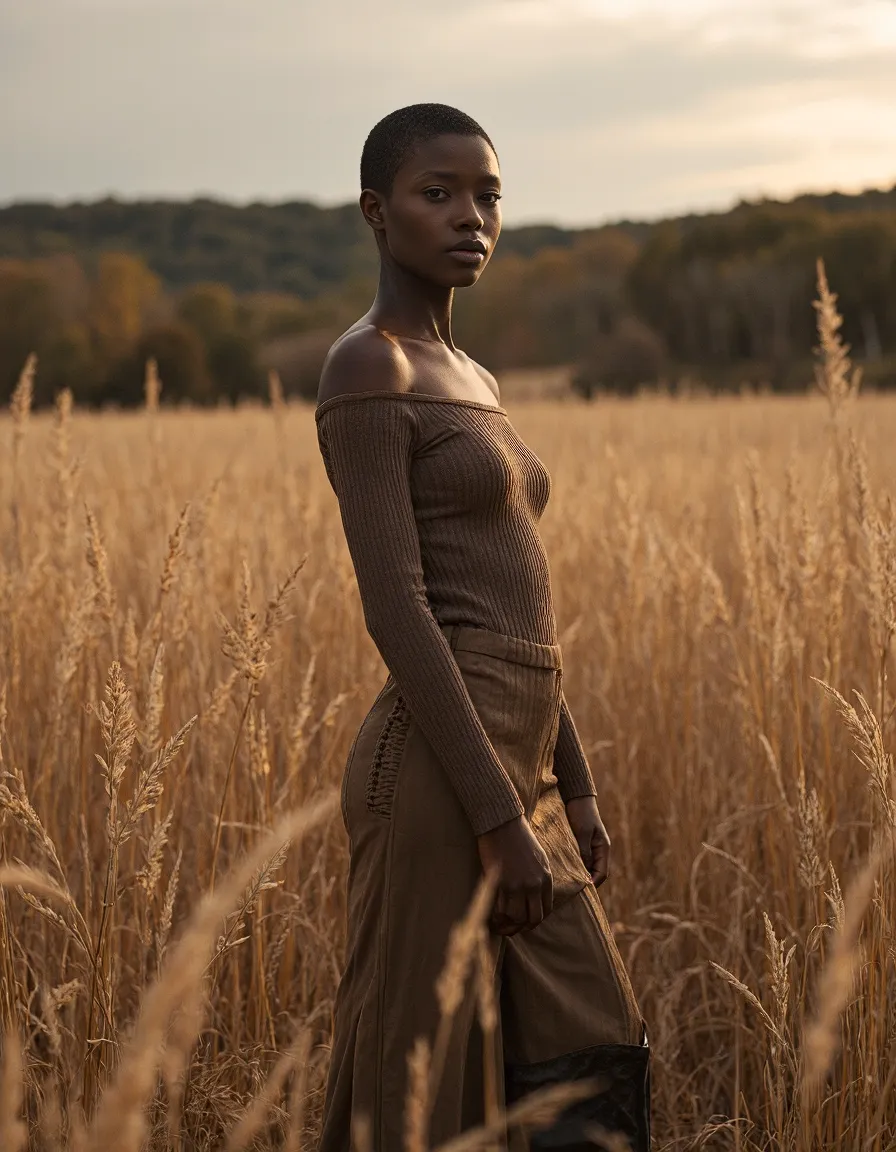 Portrait in golden field with earth-toned outfit, soft autumn light creating a high fashion editorial aesthetic against warm natural backdrop