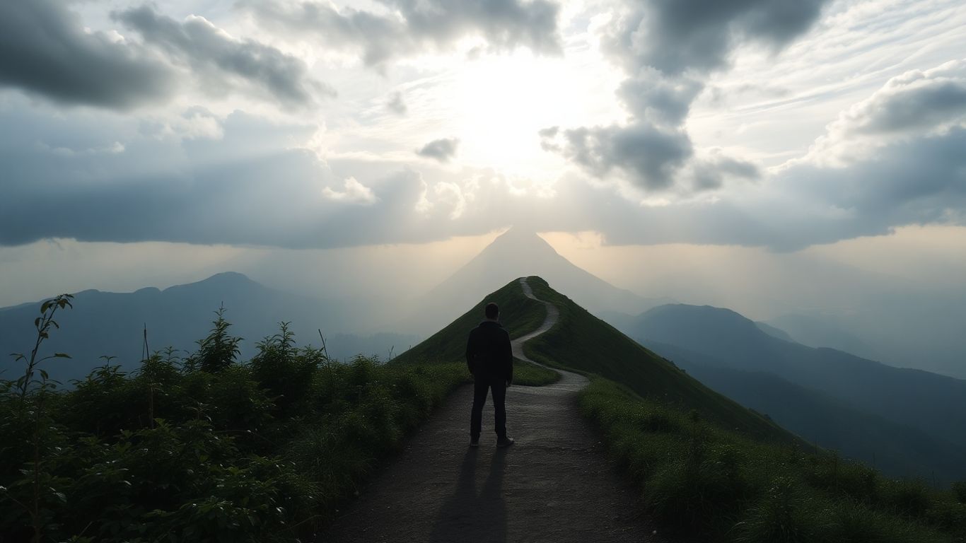 Person at a crossroads facing a mountain.
