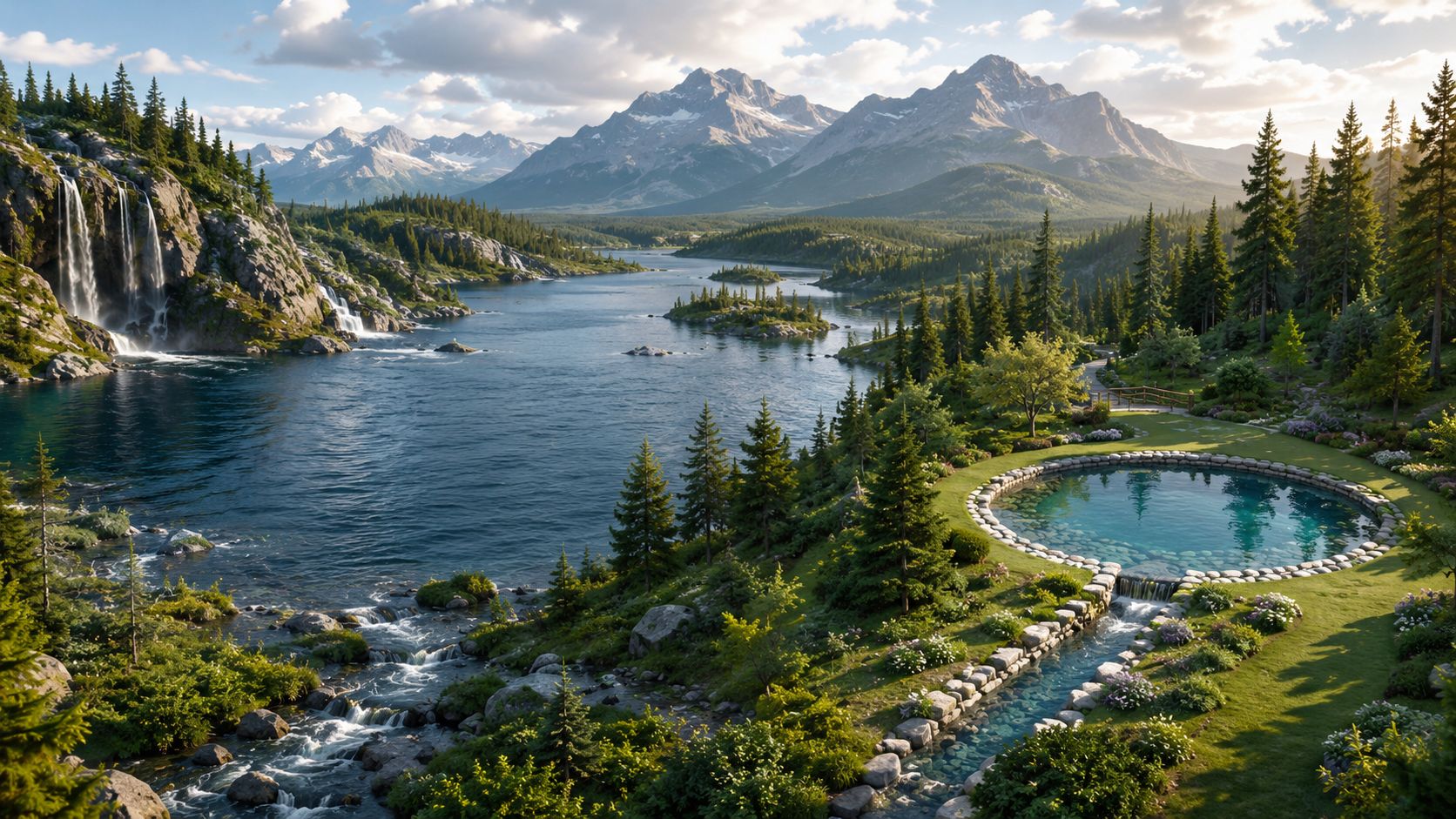 A serene mountain landscape featuring a large lake, a natural waterfall, and a calm, circular garden pool.