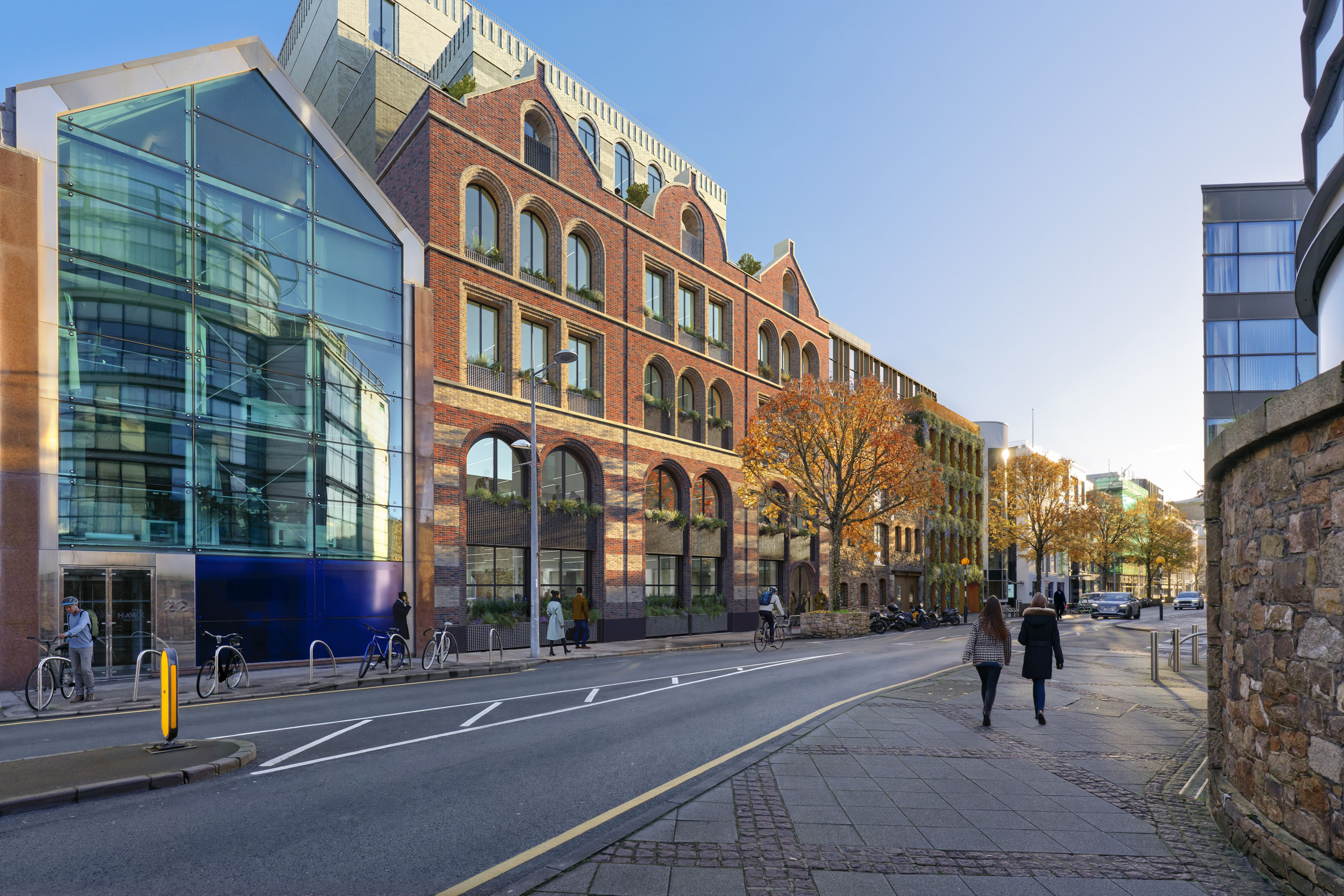Architectural render showing a street scene with modern and classic buildings.