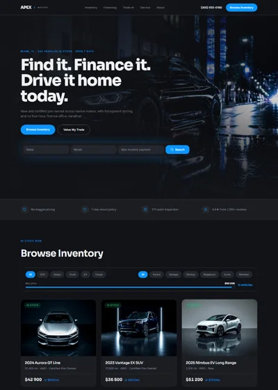 Car dealership website template preview with inventory grid and payment calculator