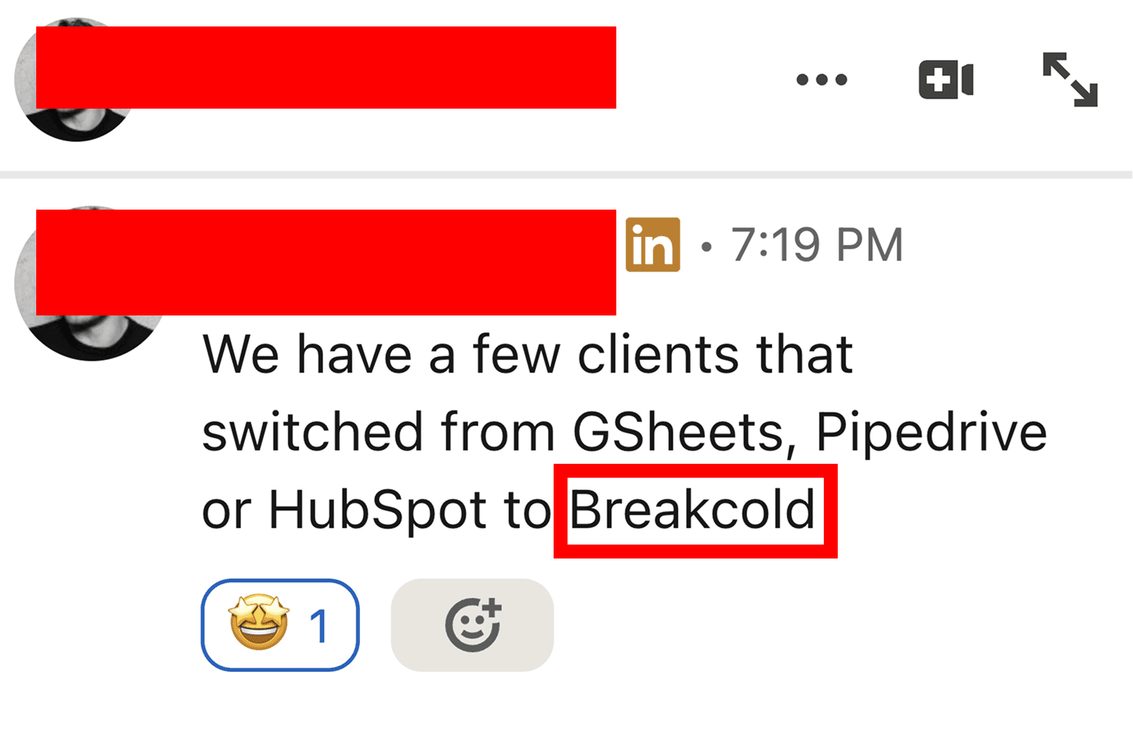 LinkedIn DM: we have a few clients that switched from GSheets, Pipedrive or HubSpot to Breakcold