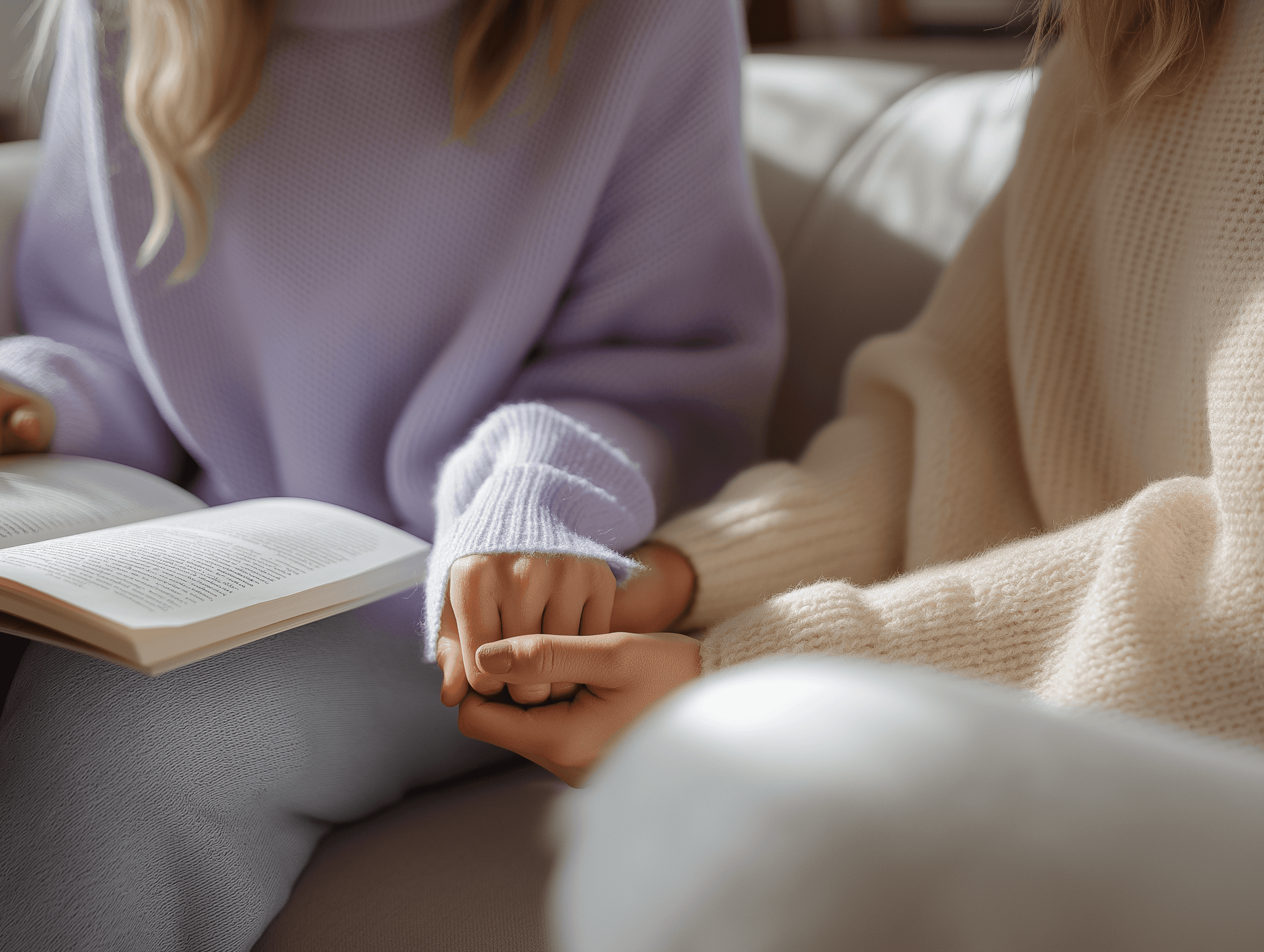 Twee personen die elkaars hand vasthouden in een ondersteunend moment.