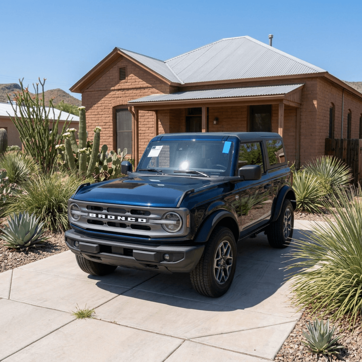 Dark blue Range Rover Velar sitting outside a Chandler brick home with a new windshield fitted on site