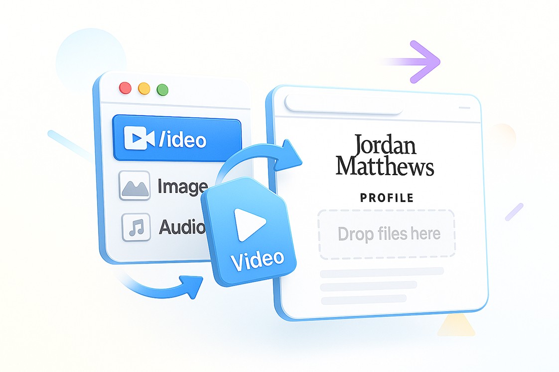 Illustration of a media upload interface with icons for video, image, and audio — symbolizing ResumaLive’s instant profile update feature for keeping portfolios current.