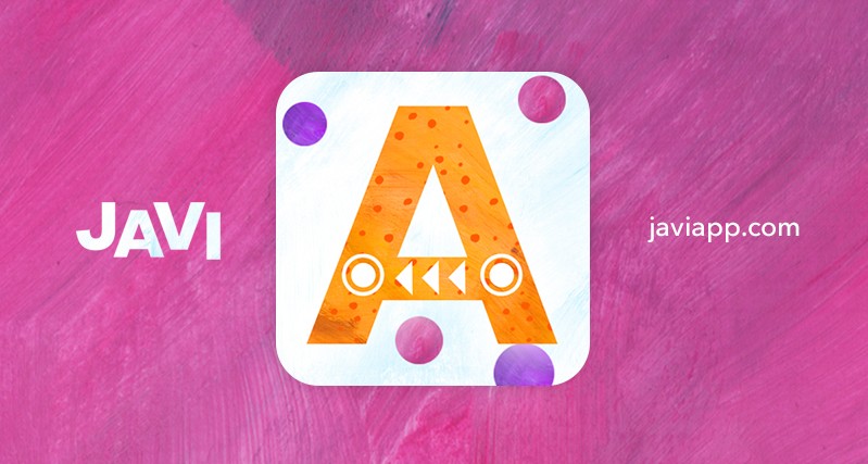 A purple poster with an orange letter and the text: JAVI javiapp.com.