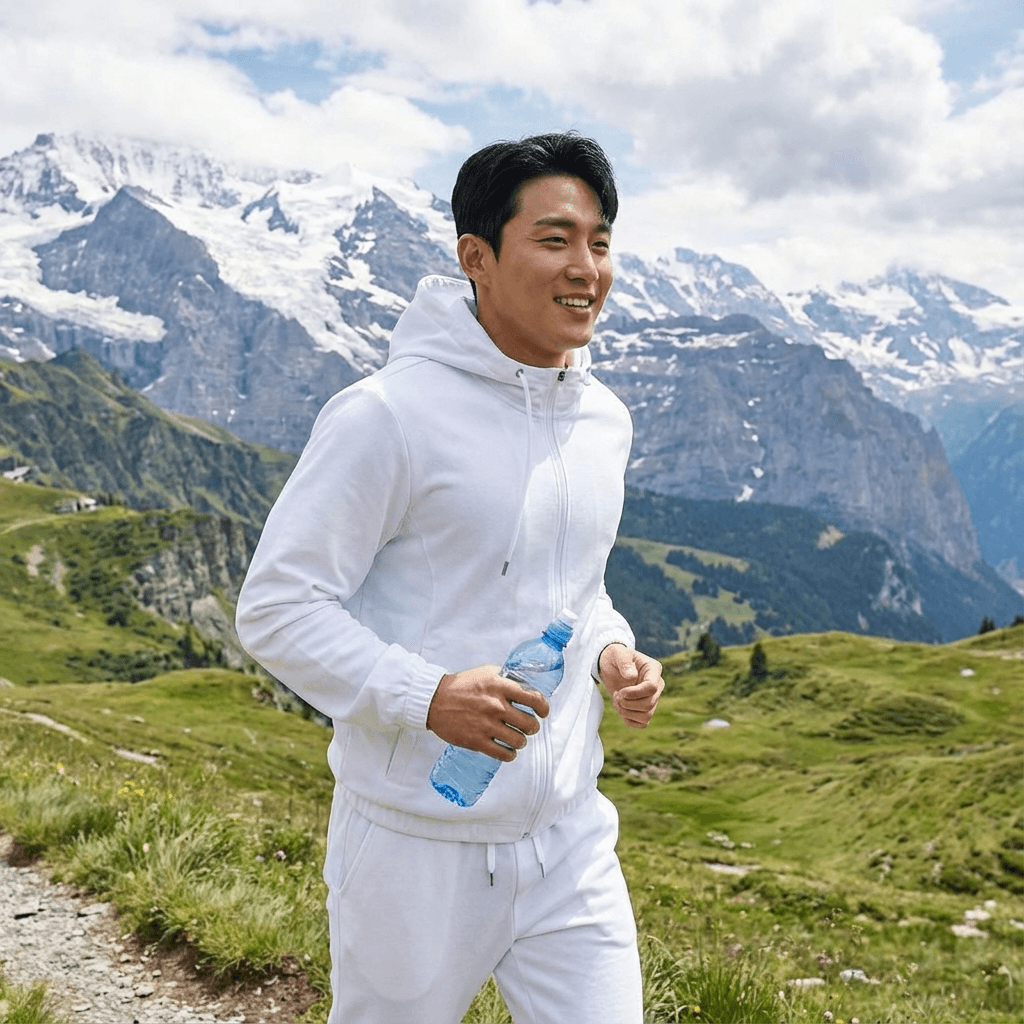 AI model running through scenic hills holding a blue water bottle, made with Caspa AI