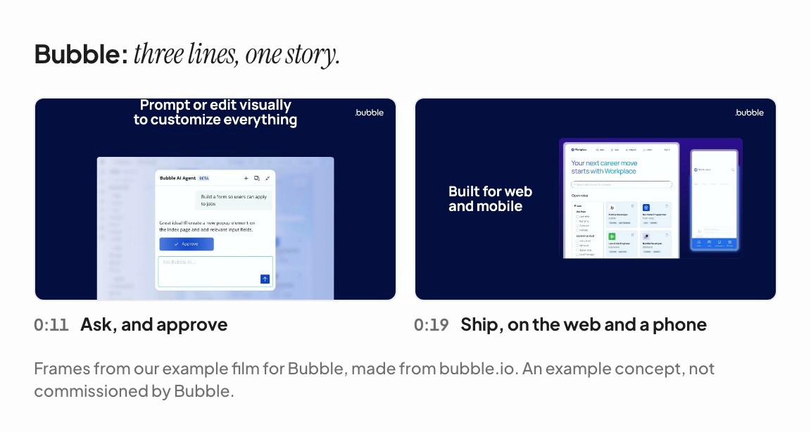 Two frames from the Bubble example film, cut from Bubble’s homepage animation: the assistant building a form at 0:11 and the app on the web and a phone at 0:19