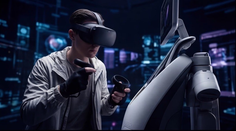 Person wearing a VR headset and holding joysticks experiencing an medical analyzer in immersive VR