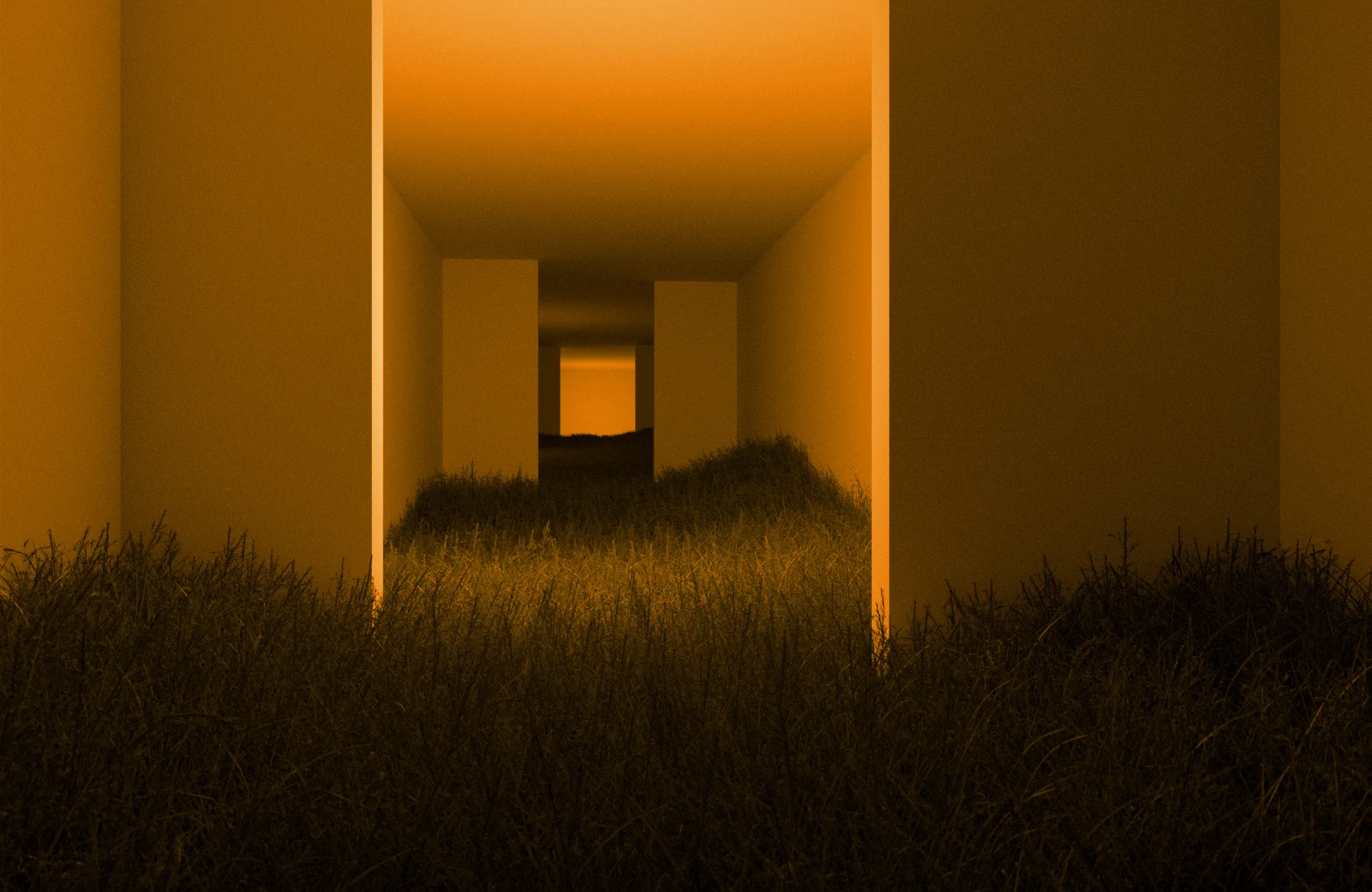 A surreal 3D render of a grassy tunnel illuminated by warm light, with a soft glow emanating from a room at the end of the passage.