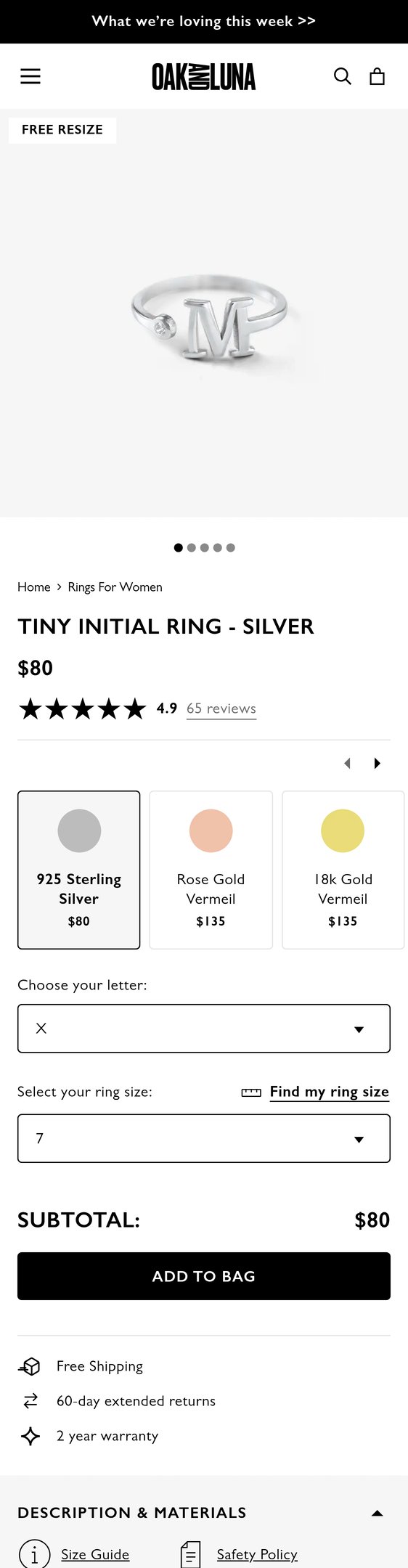 Jewelry product options include: ring for Tiny Initial Ring - Silver from Oak & Luna.