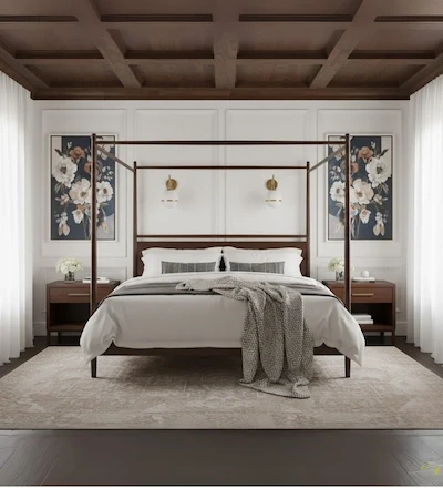 Canopy bed with clean-lined wooden frame and inset headboard