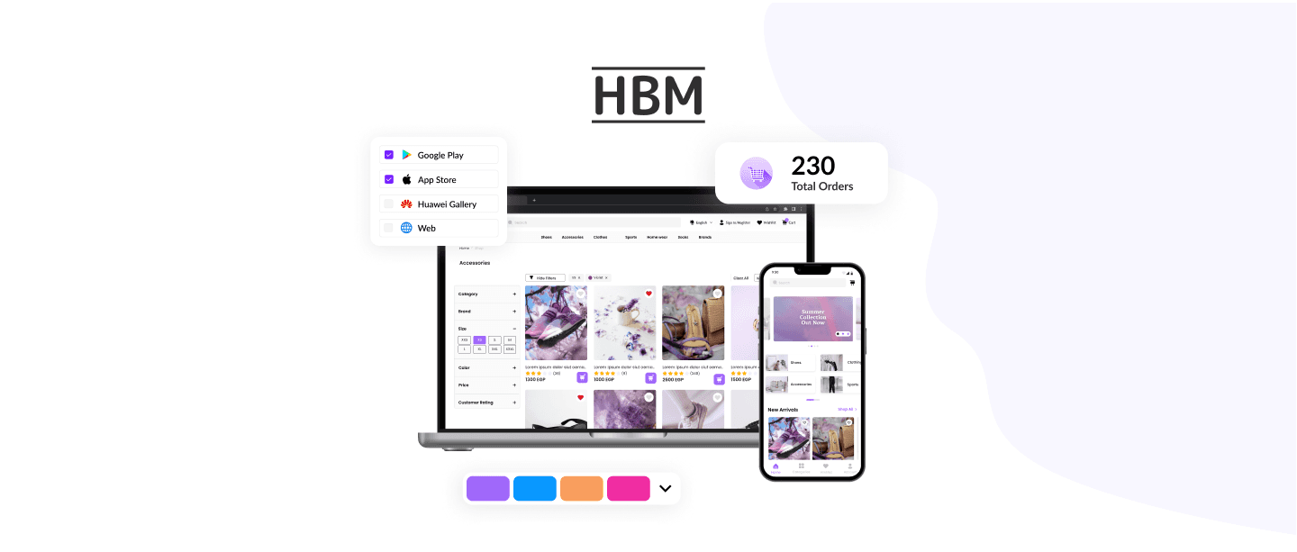 Screenshot of HBM website, for building websites and apps, empowering retailers to easily create ecommerce stores.