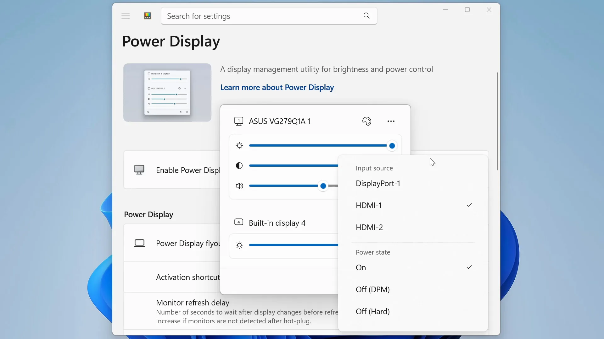 Power Display adjusting monitor settings
