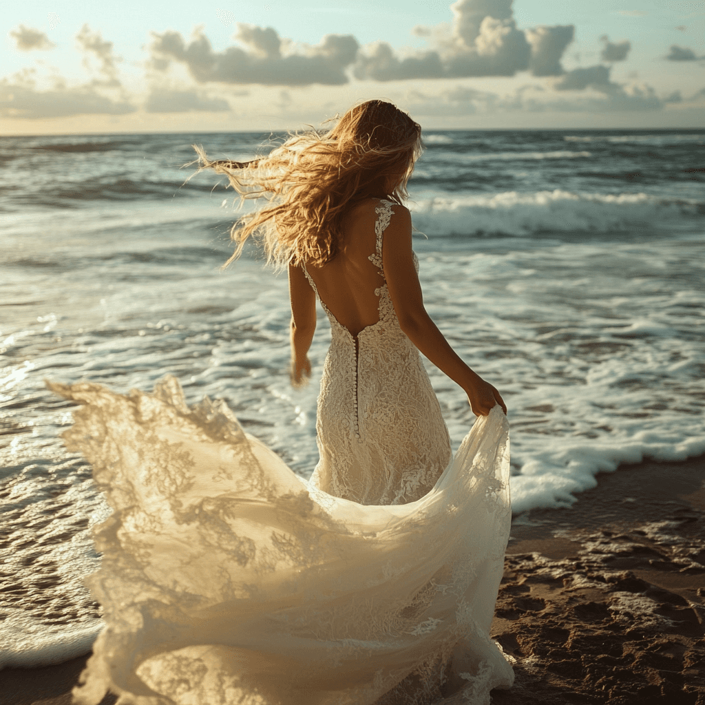 Ein bodenlanges Brautkleid mit luftiger, fließender Silhouette steht vor einer malerischen Kulisse. Im Hintergrund ist das tiefblaue Meer und der Horizont zu sehen, die perfekte Kulisse für eine romantische Hochzeit am Strand. Das Kleid aus leichtem, luftigem Material weht sanft im Wind und verleiht der Braut eine schwebende, natürliche Eleganz, die perfekt zur entspannten Atmosphäre der Zeremonie am Meer passt.