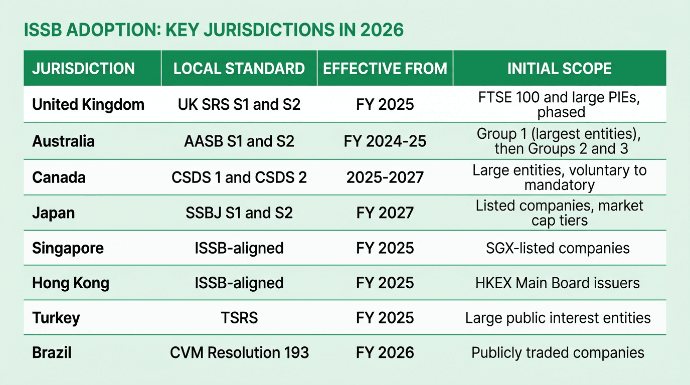 Table of 2026 ISSB adoption showing the United Kingdom, Australia, Canada, Japan, Singapore, Hong Kong, Turkey, and Brazil with local standard names, effective dates, and initial scope of application