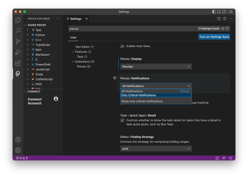 The notifications settings in Pieces for VS Code.