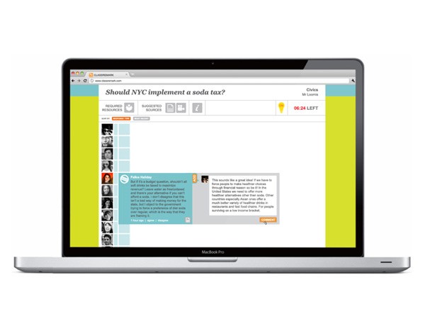 A silver MacBook Pro laptop displays a webpage titled “Should NYC implement a soda tax?” The page includes navigation buttons, a search bar, and a sidebar with profile pictures and text. A yellow bar on the right side displays “06:24 LEFT.” A text box below the title reads, “This sounds like a great idea!” A comment box below reads, “This sounds like a great idea!” The laptop’s screen is centered on the page.