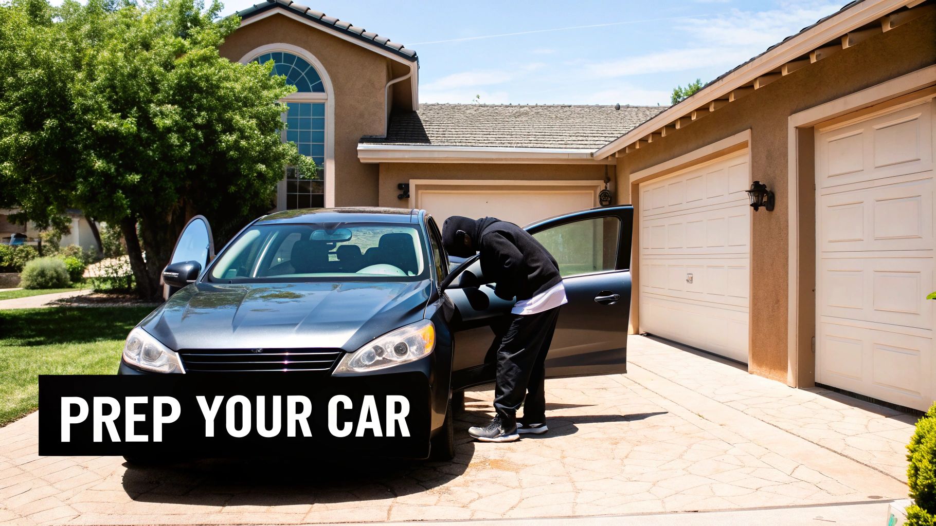 A clean car parked in a driveway, ready for mobile windshield repair