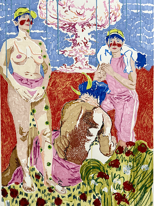 man wearing grey t-shirt standing in front of man sitting on chair