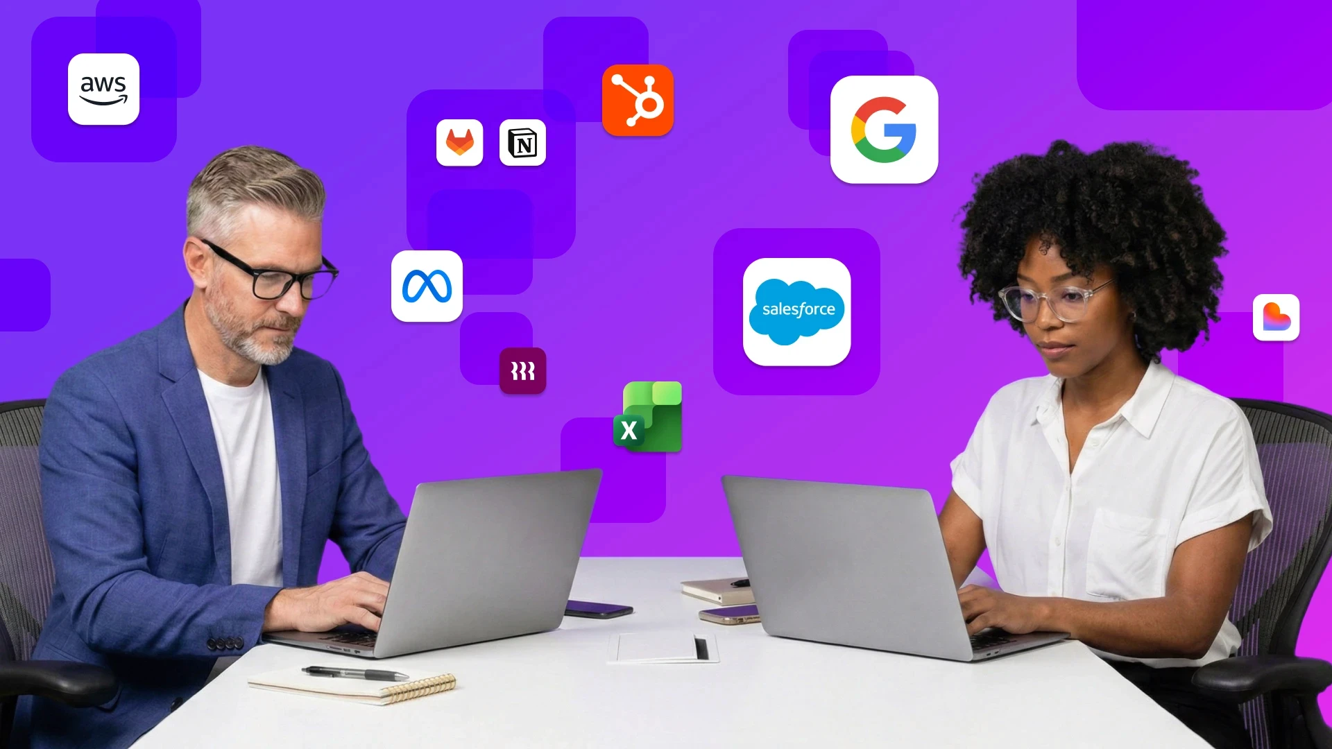 Two professionals working on laptops against a vibrant purple background featuring a "sprawl" of floating SaaS app icons like AWS, Salesforce, Google, and HubSpot. Illustrates the security challenges and management of SaaS sprawl for SMBs and MSPs.