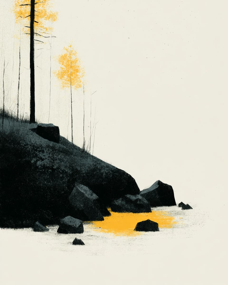 Minimalistische Landschaft: Schwarz-gelbe Bäume am Hang mit Felsen und gelbem Wasser. Kunst-Illustration.