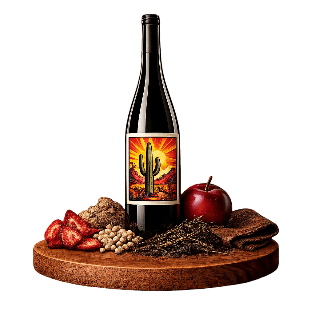 Artistic label and flavor profile for Arizona GSM Blend on a rustic wooden table.