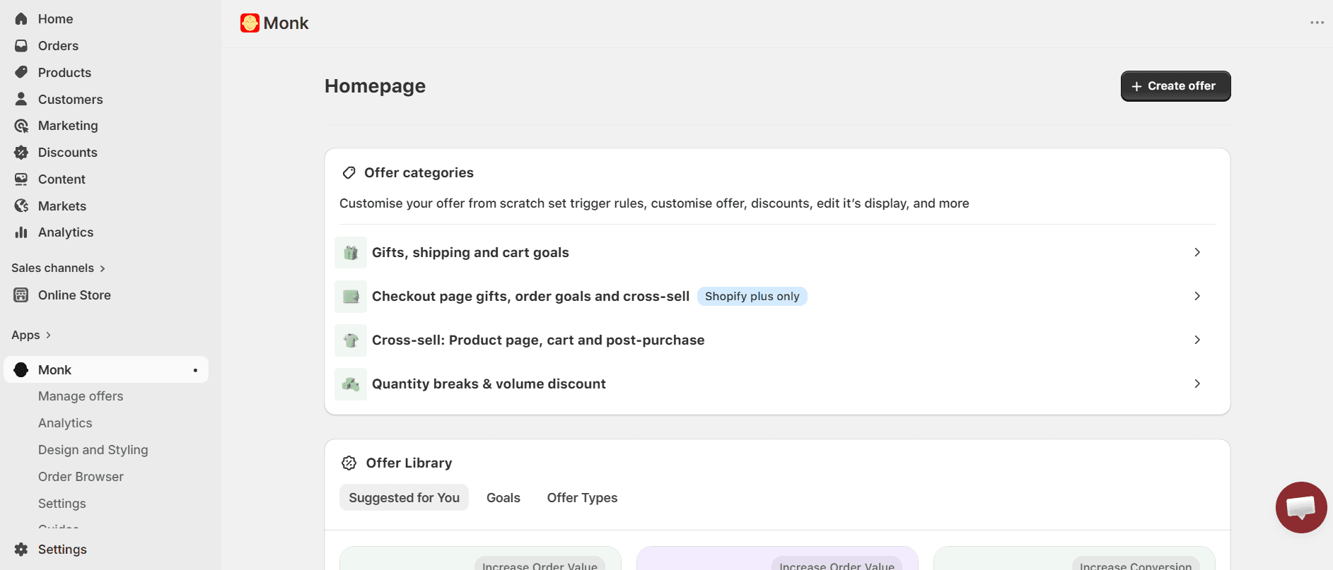 Monk Dashboard on Shopify Admin Dashboard for Free Gifting