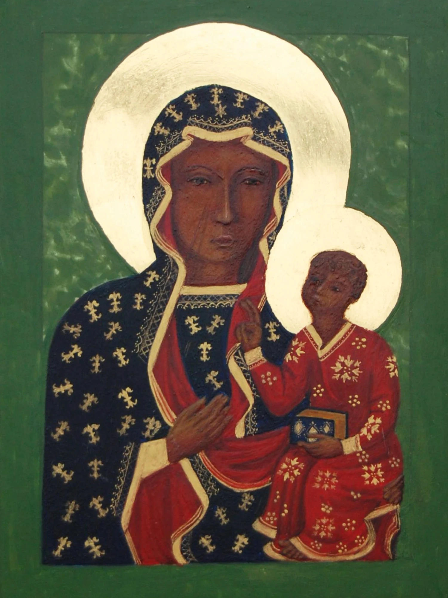 ikona Matki Bożej Częstochowskiej z Dzieciątkiem na zielonym tle